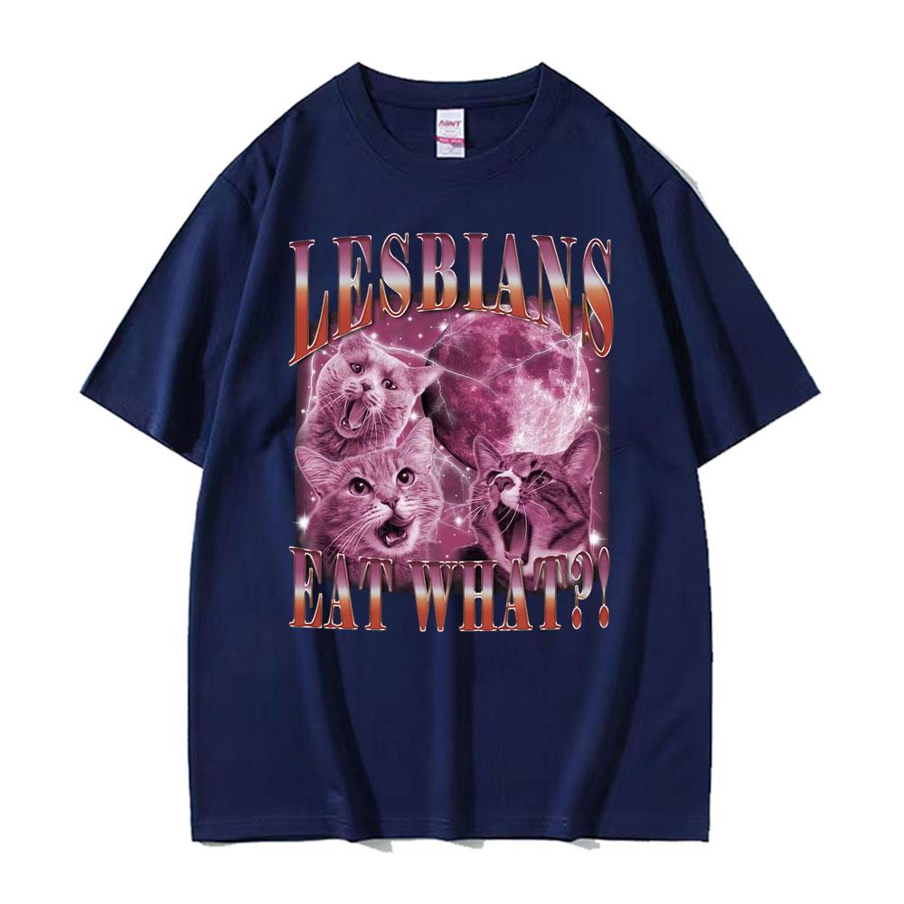 What Cat Meme Graphic Does A Lesbian Eat? 2025 Summer Printed Pure Cotton Fashion Hip-hop High Street Loose Casual T-shirt