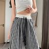 145 Женские летние петит клетчатые брюки с высокой талией - Увеличивающие рост, широкие, в стиле кэжуал, стройнящие драпированные брюки из ледяного шелка
