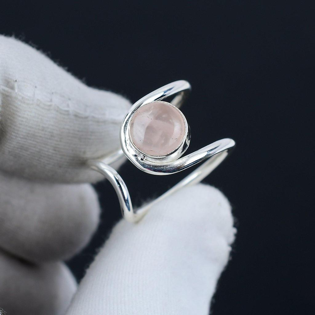 Natural Rose Quartz Adjustable 925 Sterling Silver Ring - Fits US Sizes 6 To 10 - Handmade Boho Jewelry for Women & Men, Valentine Gifts