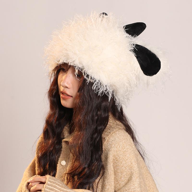 Cute Funny Little Lamb Plush Hat for Women In Autumn and Winter Warm and Cold Knitted Hat Showing Face with Little Sweet Fisherman Pullover Hat