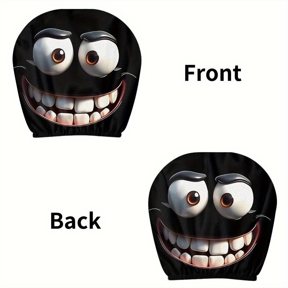 2pcs Set of Funny Big-Eyed Grinning Cartoon Print Car Seat Headrest Covers, Car Headrest Covers for Funny Car Interior Accessories