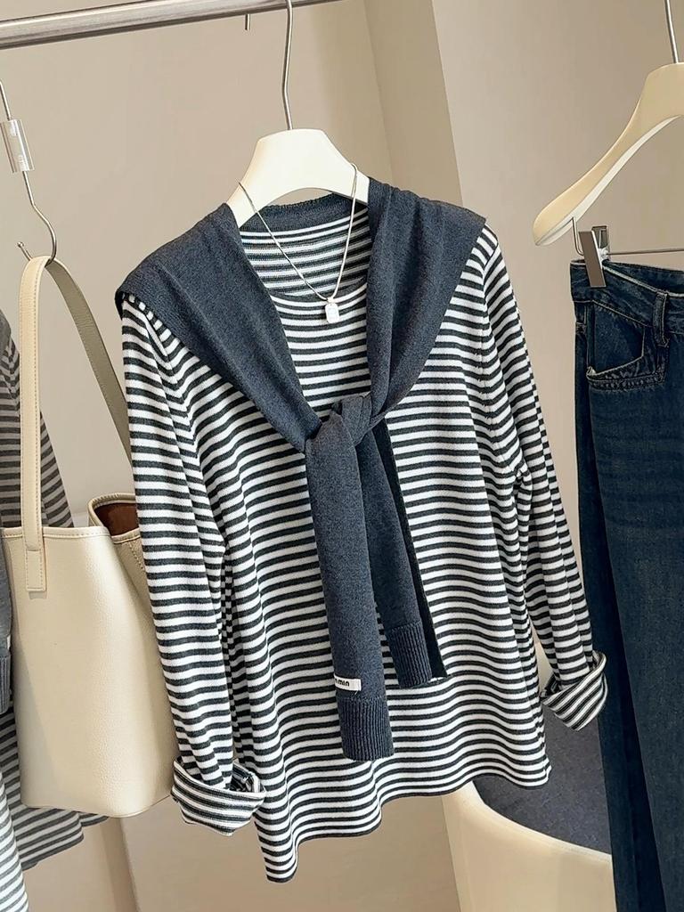 Autumn 2025 Women's Japanese-Korean Color Block Striped Knit Cardigan Two-Piece Set