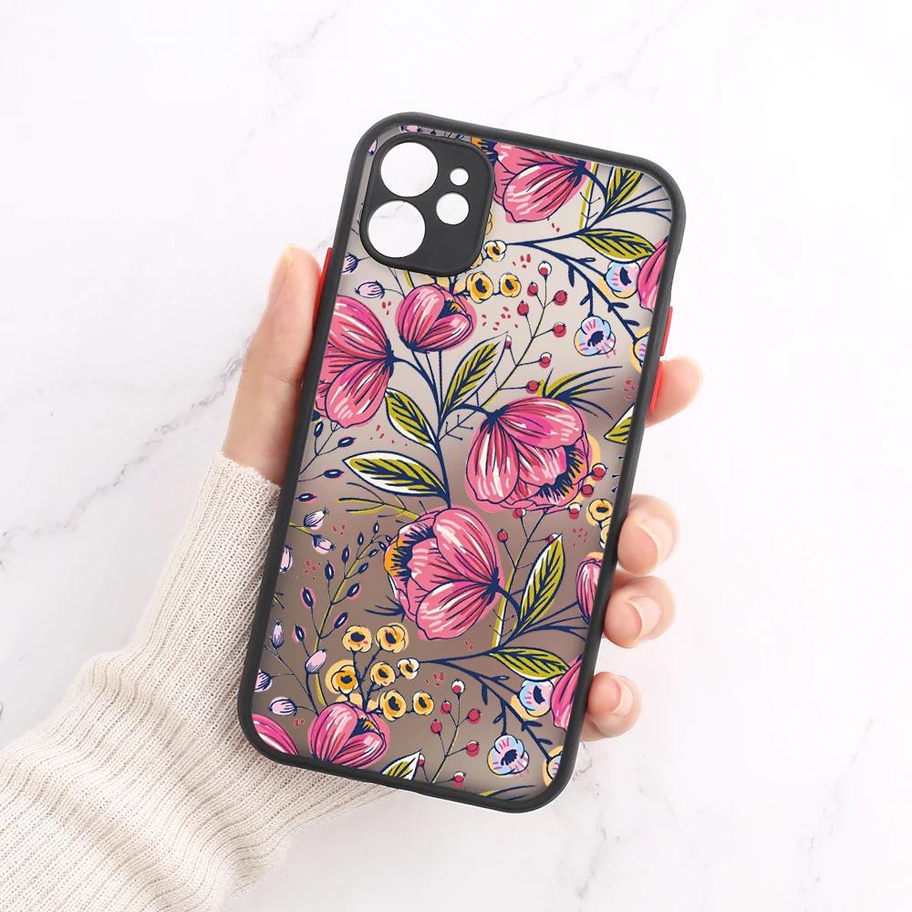 Ударопрочный Чехол Цветочный Чехол Для Телефона Для iPhone 16 14 13 15 11 12 Pro Max 13 Mini 7 8 Plus SE Матовый Прозрачный Жесткий Чехол Fundas Сумки