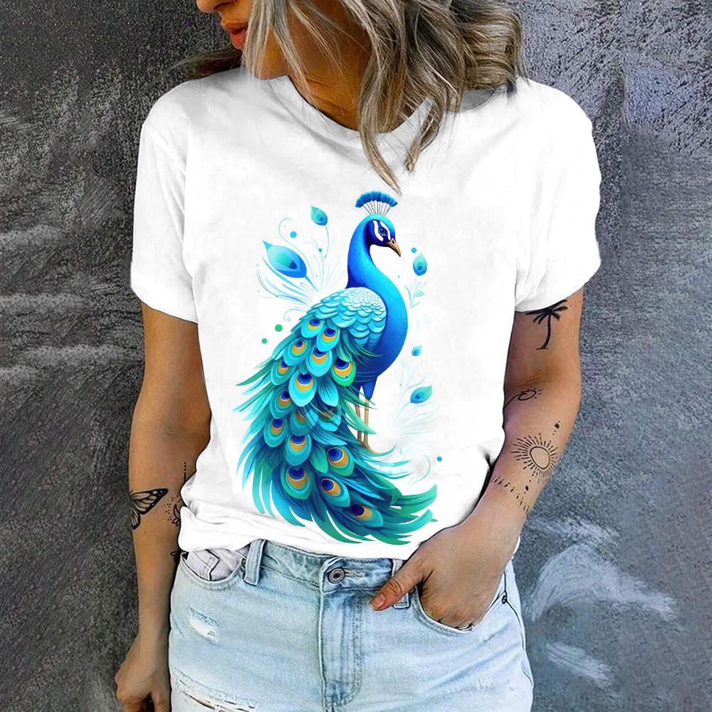 2024 Fashion Trend New Simple Short Sleeved Top Summer Loose Casual Crewneck T-shirt Peacock Print Women's White T-shirt