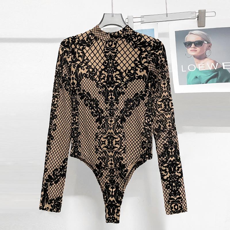 Women's Lace Sheer V Neck Long Sleeve T Shirts Tops Bodysuit Jumpsuit Bodycon Rompers Fall Clothes Clubwear Bodysuits
