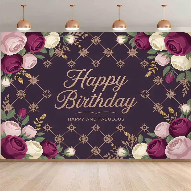 2D Purple Floral Birthday Backdrop, Happy Birthday Rose Party Background Cloth