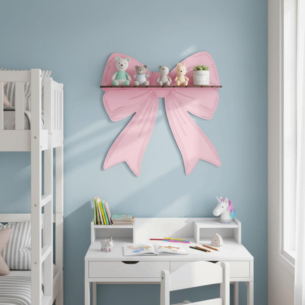 Pink Bow Wall Mounted Shelf Wooden Holder Wood Storage Rack Wall Storage Holder Girls Room