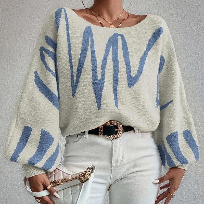 Women S Loose Fit Pullover Knit Sweater With Lantern Sleeves Geometric Pattern