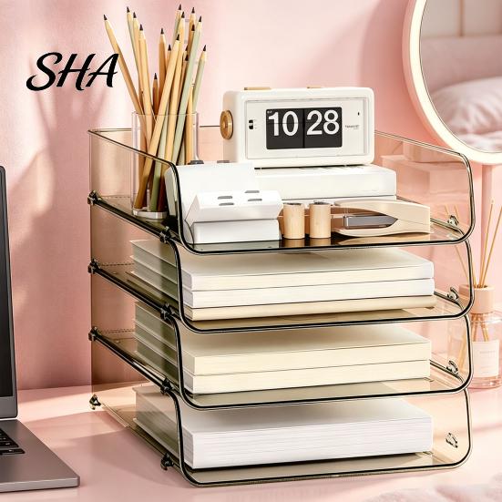Desk Space Saving Box Clear Acrylic File Organizer Tray, 1/2/3/4/5 Tier Paper Ducument Compact Storage Box, Stackable Office Supplies Rack Desktop