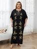 Classy Plus Size Floral Embroidered Black Kaftan Summer Long Beach Dress Women Homewear Outfit Swim Suit Cover Up Loose Caftan