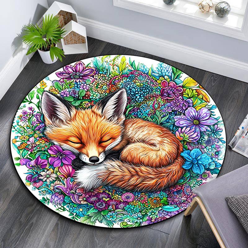 Sleeping Fox Round Area Rug,Carpet Rug for Living Room Bedroom Sofa Playroom Decor,Non-slip Floor Mat