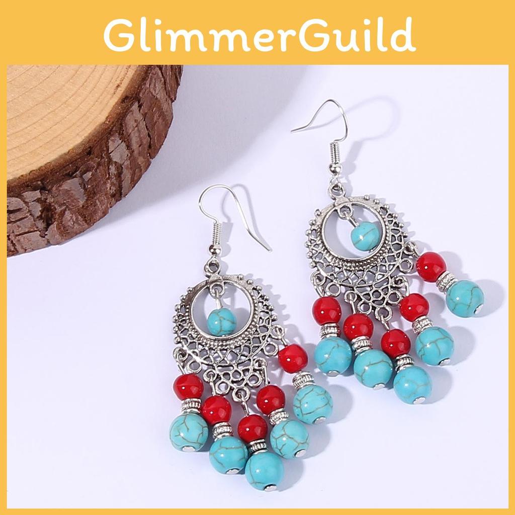 Ethnic Turquoise Simulation Beaded Earrings With Silver Filigree For Wear Daily