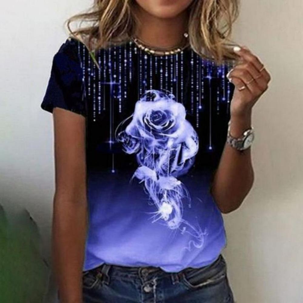 Новая женская роскошная одежда, летняя одежда, футболки с принтом роз 3D, футболки для девочек, уличная одежда с круглым вырезом, свободная одежда Laides 2023