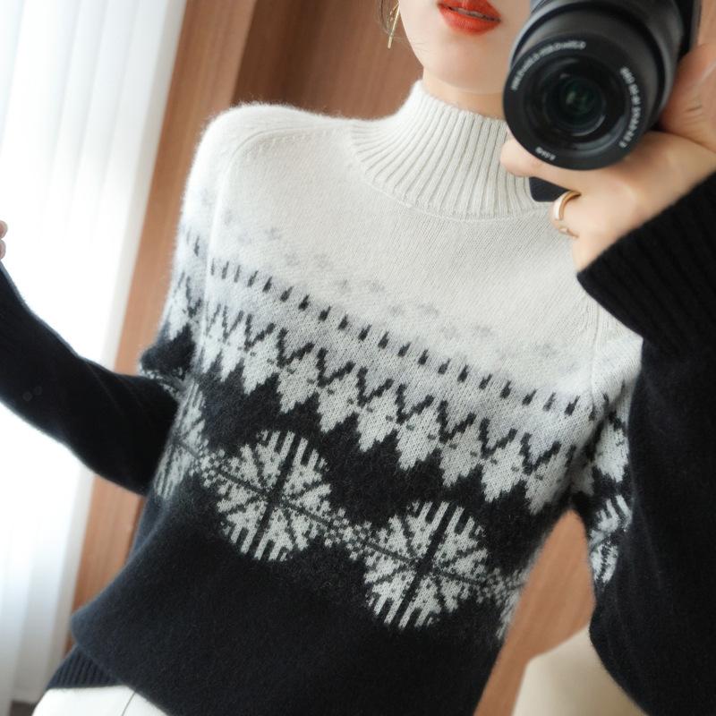 Женский свитер с полувысоким воротником и цветными блоками для осени и зимы. Новый облегающий кашемировый свитер, уменьшающий возраст. Модный и универсальный базовый свитер.