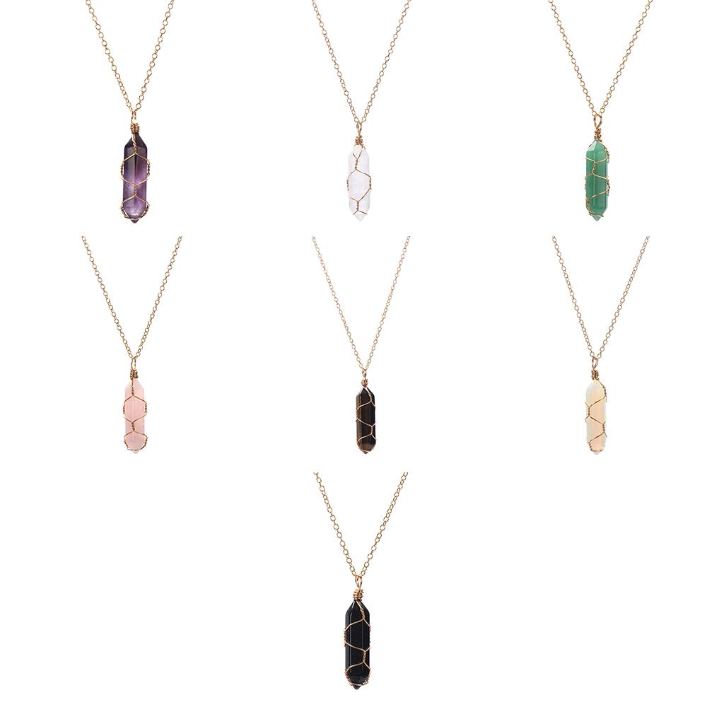Blue sand Wire Wrap Stone Pendant Natural Stone Rose Quartz Hexagonal Cylindrical Crystal Necklace