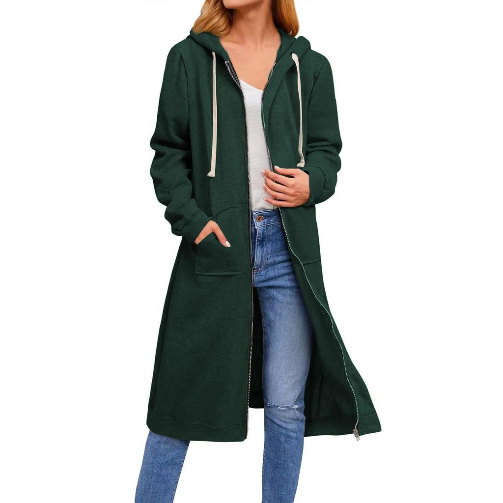 Loose Zip Long Cardigan Jacket Women's Hooded Sweatshirt Long Coat With Pocket