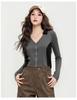 2025 Autumn Short T-Shirt Women's Fashion Color Blocked Sexy V-Neck Slim Fit Long-Sleeved Casual Top