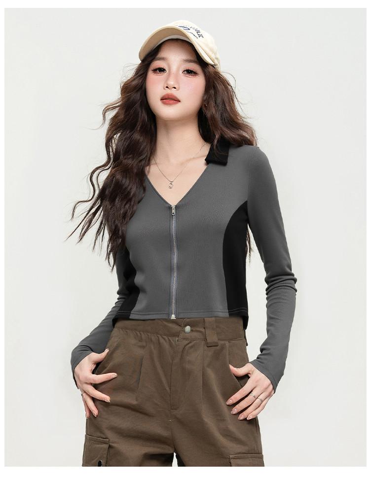 2025 Autumn Short T-Shirt Women's Fashion Color Blocked Sexy V-Neck Slim Fit Long-Sleeved Casual Top