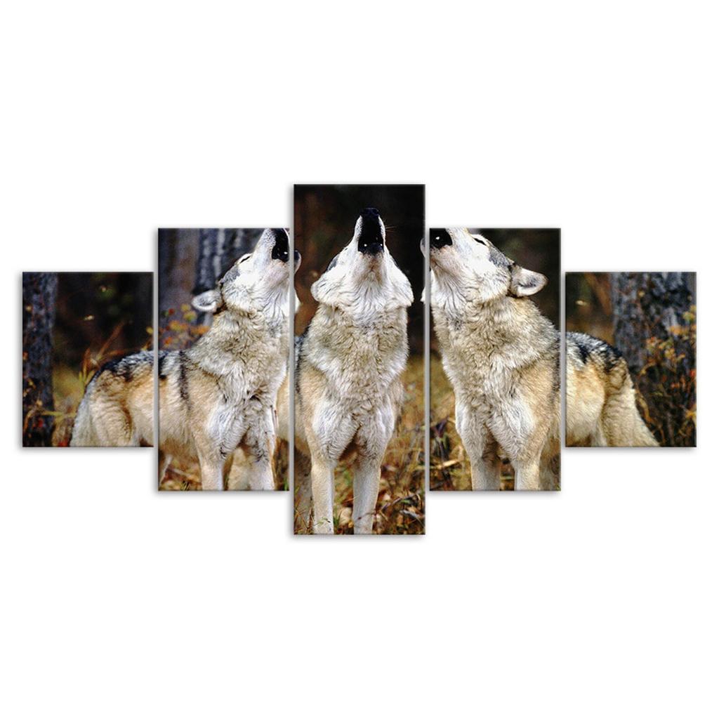 Wolf Pack Howling 5 Piece Five Panel Wall Canvas Print Modern Poster Pictures Home Decor Gift For Him For Her