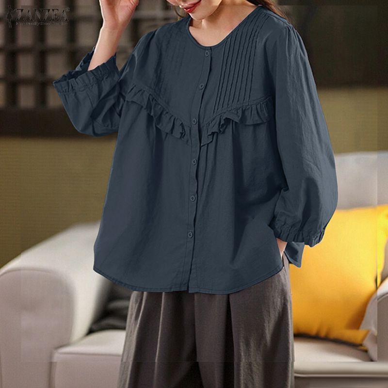 ZANZEA Женская повседневная однотонная блузка с круглым вырезом и длинным рукавом