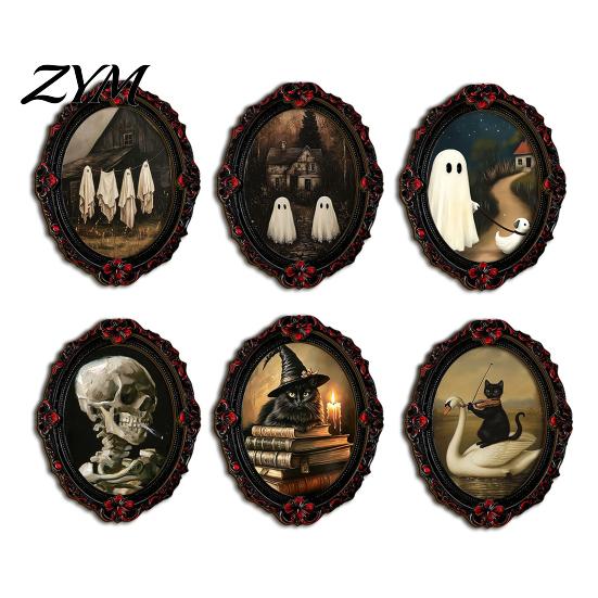 Crow And Ghost Wall Decor Halloween Wooden Refrigerator Magnet, Vintage Gothic Fridge Magnets, Oval Frame Decorative Waterproof Magnetic Art