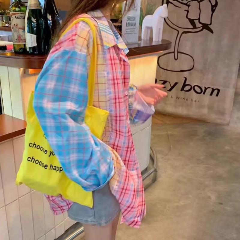 Женская клетчатая рубашка с цветными блоками, летняя новинка, свободная повседневная рубашка с солнцезащитой, американский хай-стрит, тонкий топ с длинным рукавом