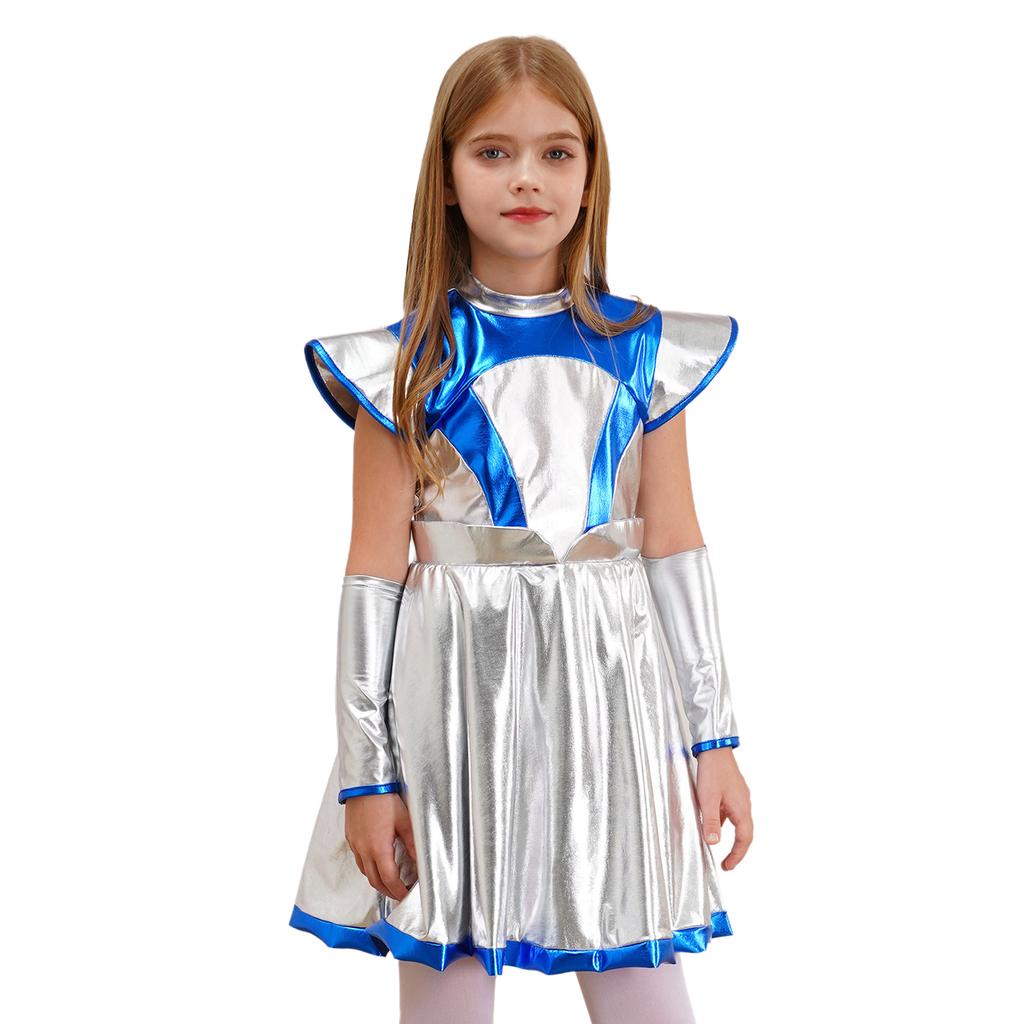 Girls Alien Cosplay Costume - Shimmering PU Patchwork Dress with Cap Sleeve & Arm Sleeve for Halloween Party