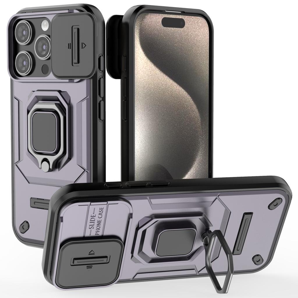For iPhone 16 Pro Case Ring Kickstand Slide Lens Protection PC+TPU Phone Cover