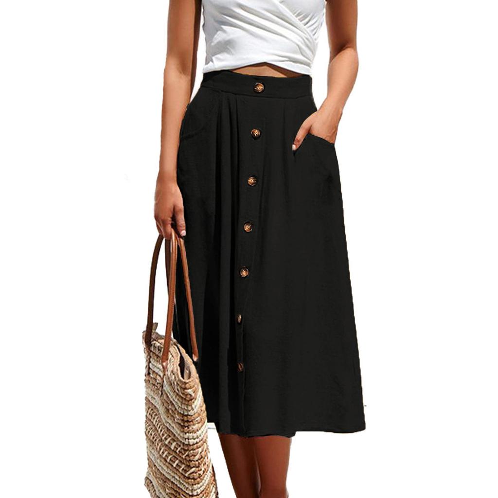 Women's Casual Loose Casual Pocket A-line High Waisted Mid Length Skirt With Pocket