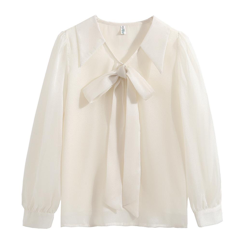 Мода 2024 Осень Длинный рукав Лук Отложной воротник Повседневный Абрикосовый шифон Блузка Рубашка Женские топы Блузки Рубашки J540