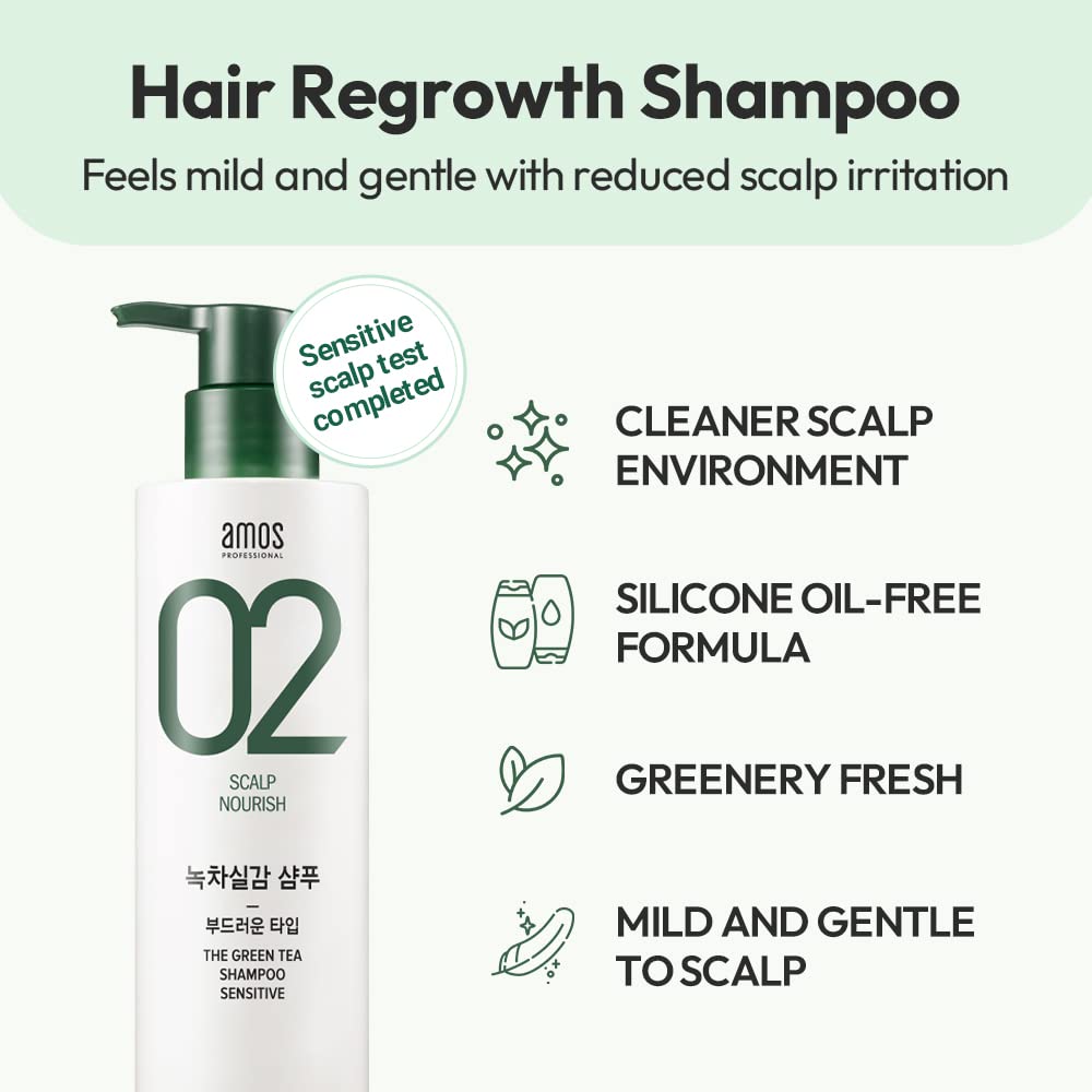 Amos ПРОФЕССИОНАЛЬНЫЙ Корейский увлажняющий шампунь с зеленым чаем для нормальной/сухой кожи головы, 17,6 унций/500 г