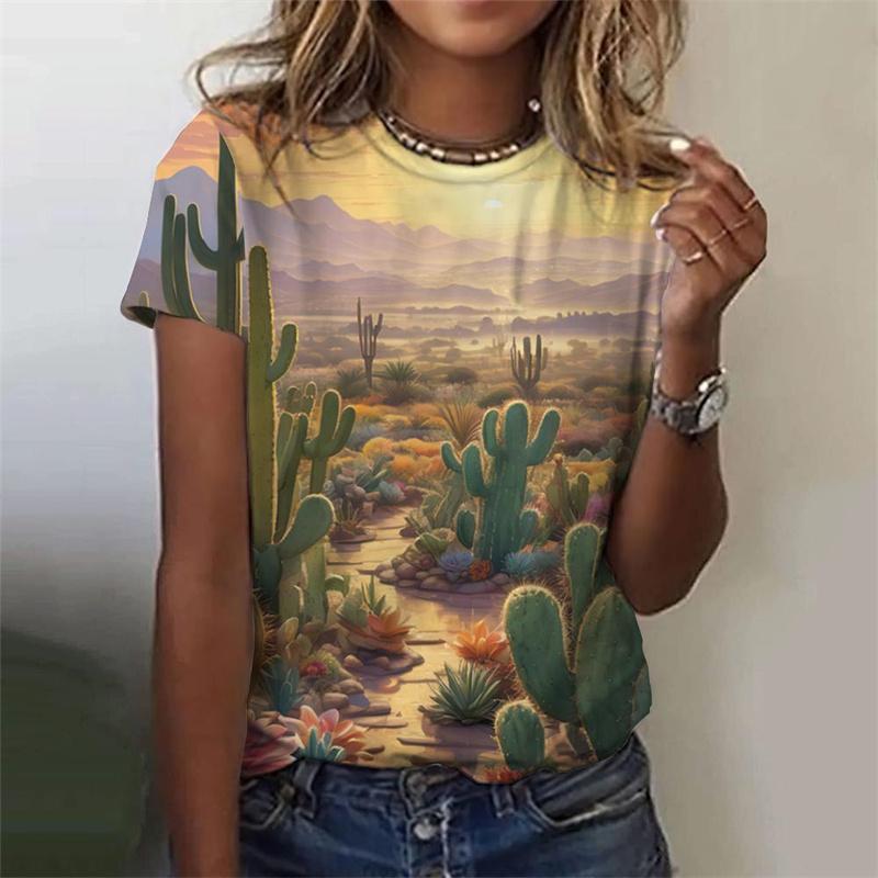 Summer Round Neck 3D Natural Scenery Printed Top Fashionable Casual Sunset Plants Pattern Short Sleeved Women's T-shirts