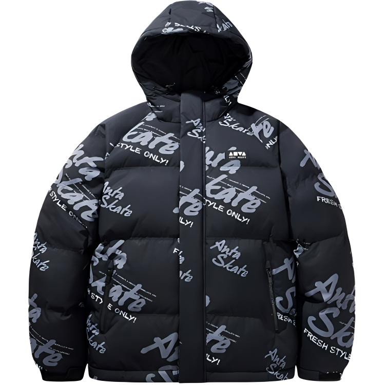 Anta Life Series Sports Casual Simple Solid Color Letter Loose Hooded Down Jacket Unisex Outerwear Black 172448901-3