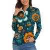 Women's Casual Fashion Retro Floral Print Long Sleeve Zipper Neck Top T-shirt