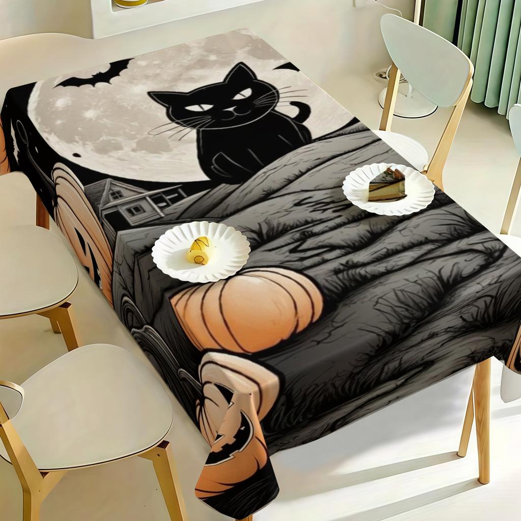 1pc Creative Printed Tablecloth, Featuring an Exquisite Black Cat and Pumpkin Pattern, Perfect for Halloween Parties, Outdoor Picnics, and Adding a Fe