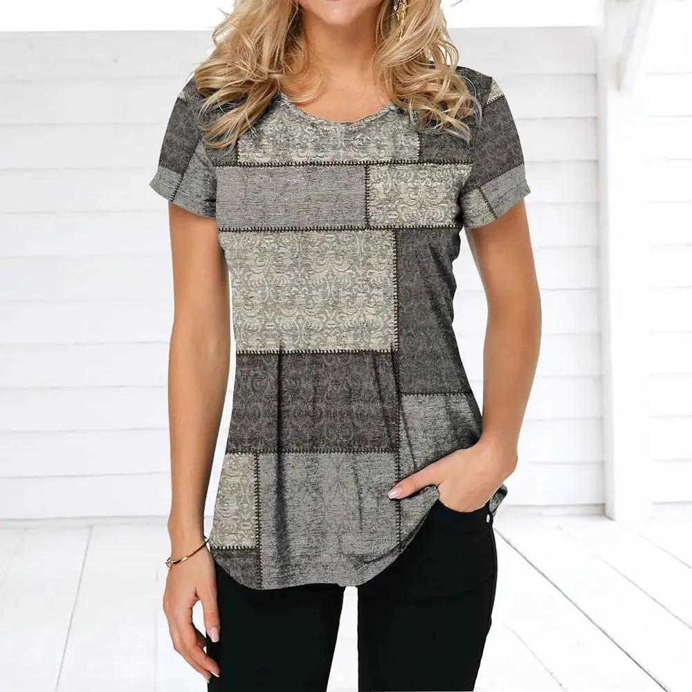 Женская футболка в стиле ретро, ​​футболки с клетчатым принтом, лоскутная одежда, блузка с круглым вырезом и короткими рукавами, женские топы большого размера, женская рубашка в стиле Харадзюку