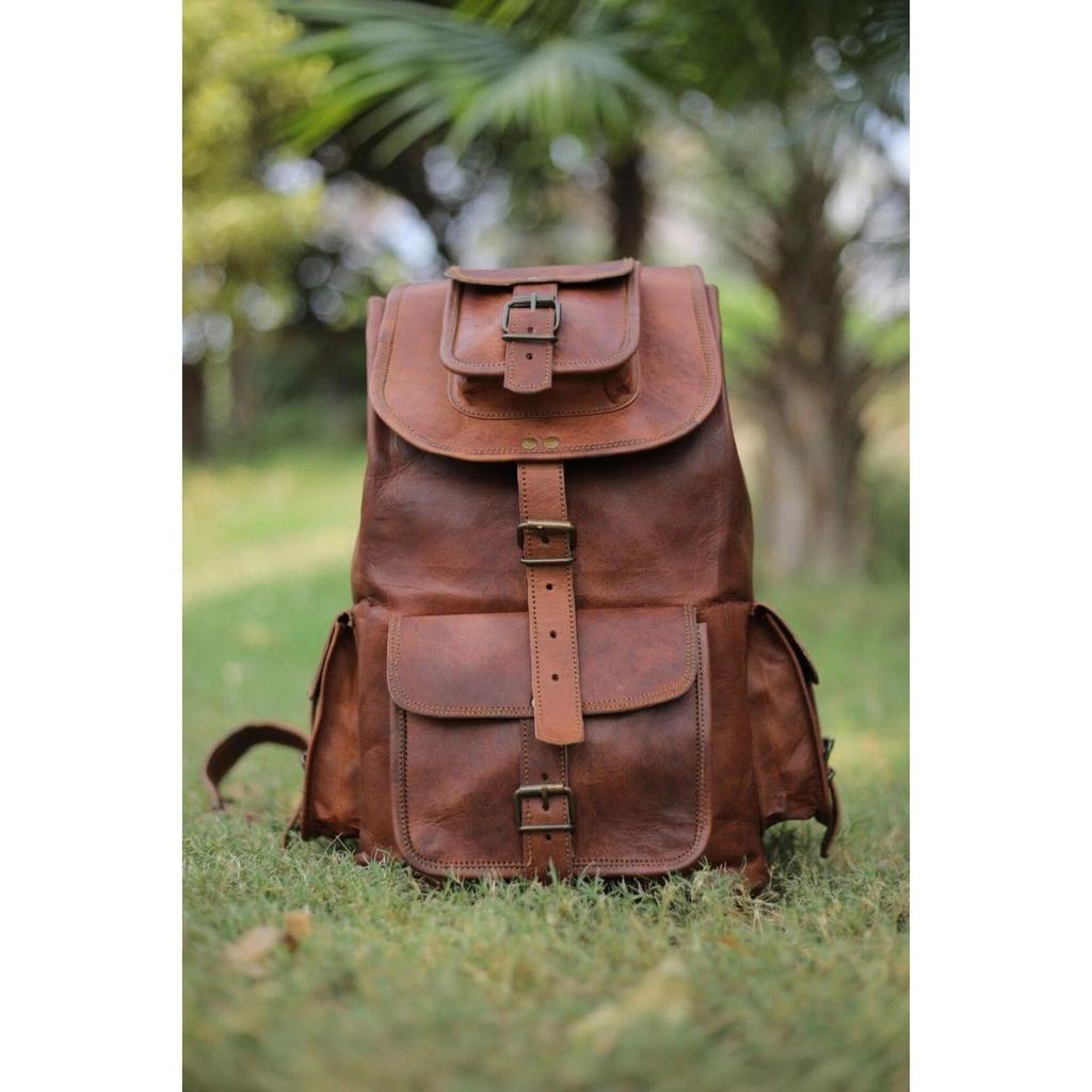 Men's Large Real Vintage Leather Backpack Brown Travel Rucksack Laptop Bag
