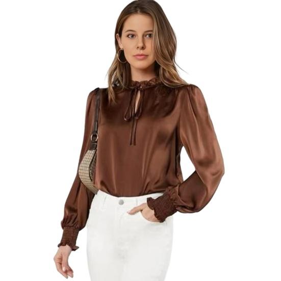 Женская рубашка со стойкой воротником, оборками, длинным рукавом, пуловер, однотонная, из шелковистого атласа, свободного кроя, повседневные топы