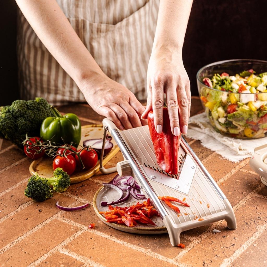 KINGHOFF KH-2006 Mandoline Slicer, Stainless Steel, Adjustable Thickness, Gray, 30x13.5x11.5cm, with Pusher