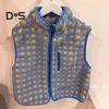Women Vest Jacket Stand-up Collar Contrast Color Sleeveless Checked Pattern Cardigan Waistcoat Zipper Closure Daily Outdoor Outerwear
