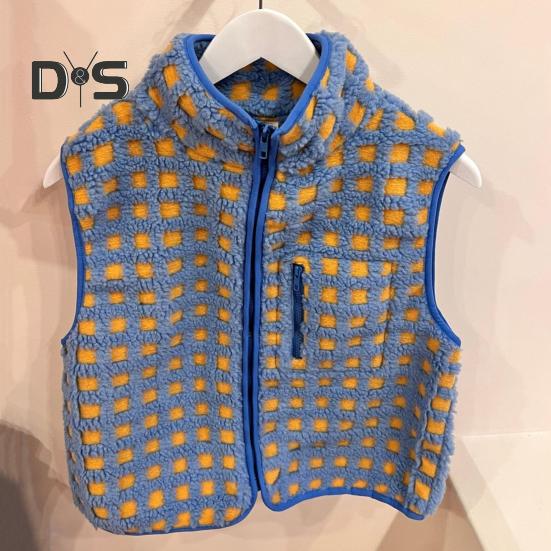 Women Vest Jacket Stand-up Collar Contrast Color Sleeveless Checked Pattern Cardigan Waistcoat Zipper Closure Daily Outdoor Outerwear