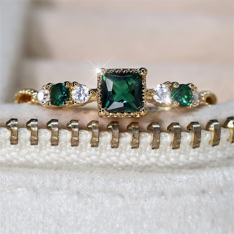 Trendy Square Green Stone Thin Rings For Women Gold Color White Zircon Stacking Wedding Bands Party Jewelry