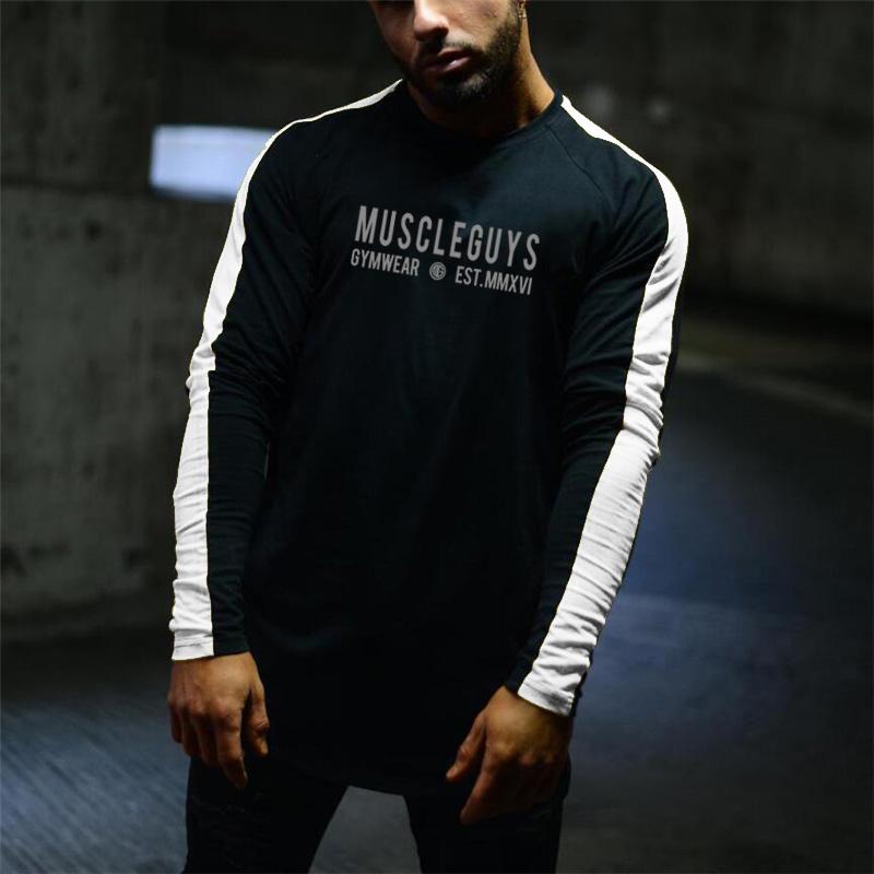 Muscleguys Letter Printed Long Sleeved T-Shirts Mens Sports Undershirts Color Block Tees