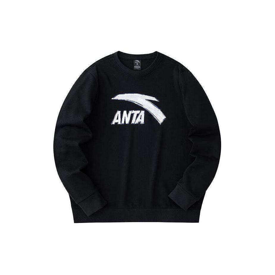Anta Color Block Logo Print Knitted Pullover Casual Sweatshirt Unisex Sweatshirt Black Gray 972418707-5