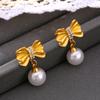 Wind Pleated Bow with Diamond Fringed Imitation Pearl Earrings Women's Titanium Steel Plated 18k Gold Earrings