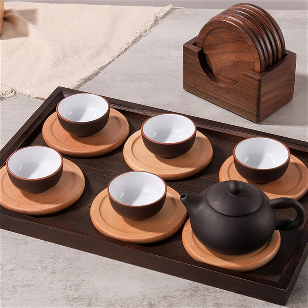 6pcs/set Walnut Wood Coasters Placemats Decorative Round Insulated Beverage Coasters Home Decor Wooden Insulation Pad