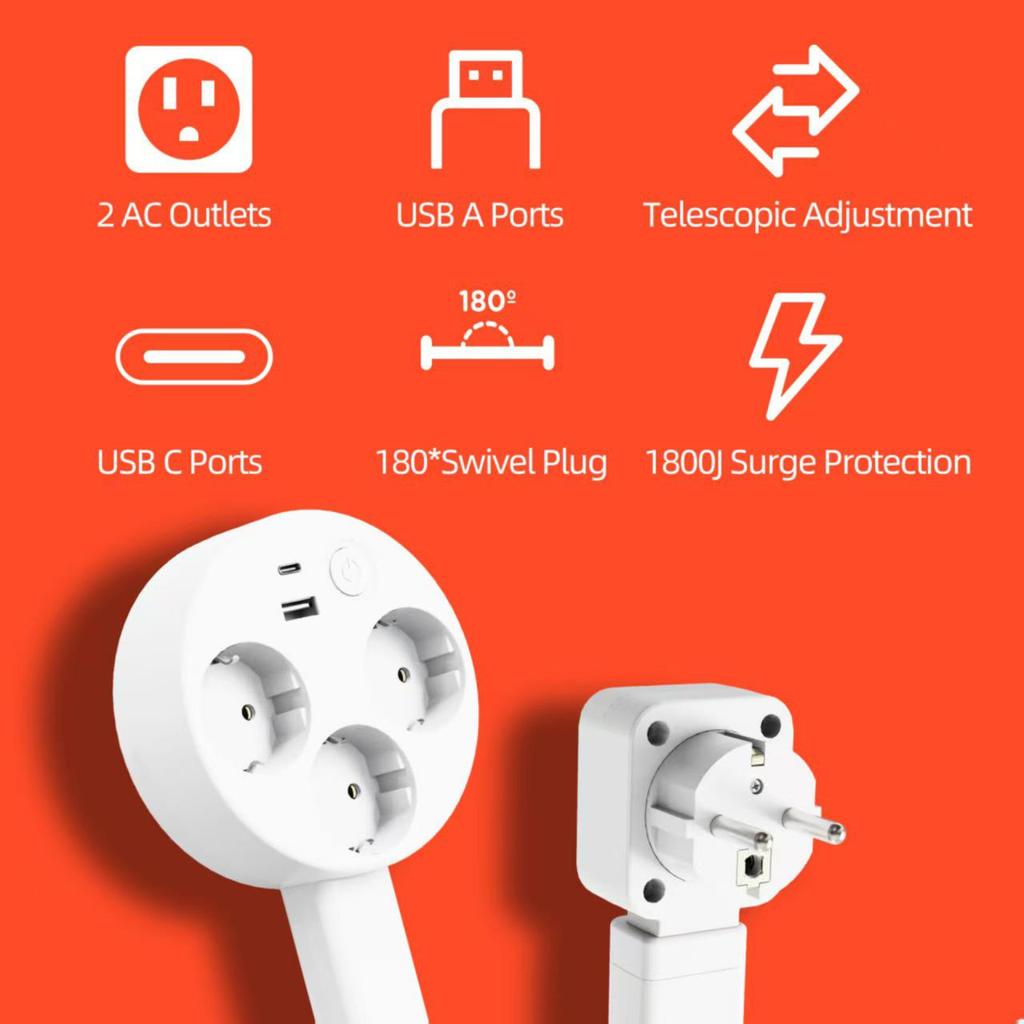 Удлинитель-сетевой фильтр 27,56 дюйма с портами USB-A, USB-C и 2 розетками переменного тока
