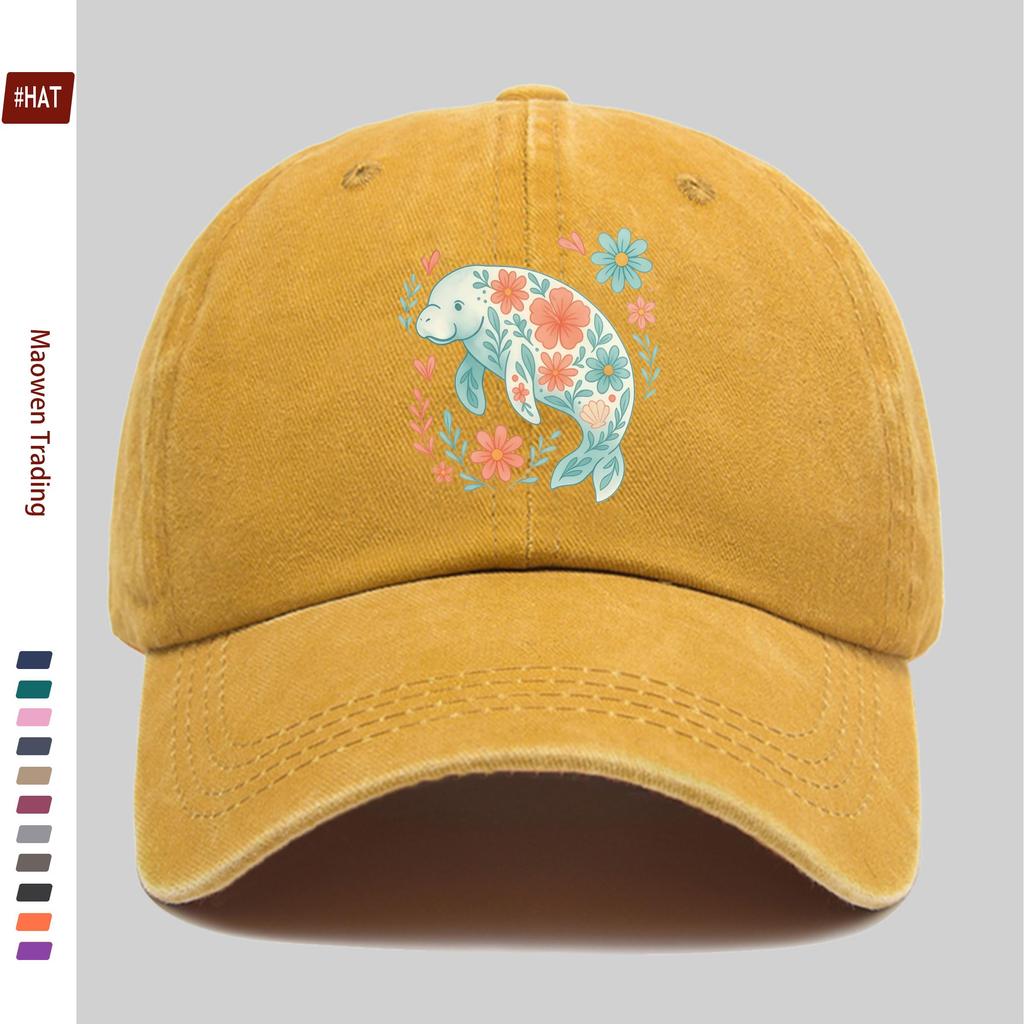 pc Floral Manatee Fresh Cartoon Print Baseball Cap Travel Leisure Printed Sun Hat Party Decorative Hat Multiple Colors Avail