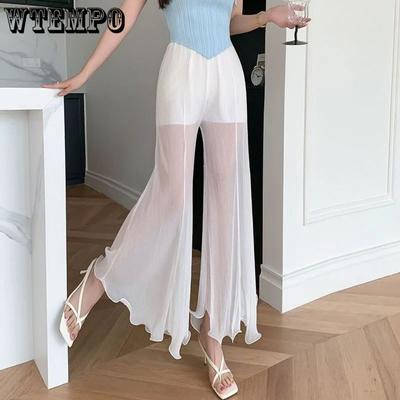 Белые сетчатые широкие брюки, женские расклешенные брюки с рюшами, эластичный пояс, плиссированные брюки с кондиционером, летние танцевальные брюки