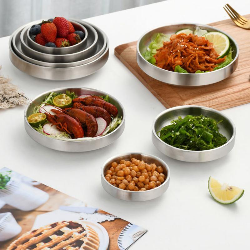 Flat 201/304 Stainless Steel Dish Plate Cooking Noodles Bowl Thickened Dinner Plate Seasoning For Kitchen Restaurant Tableware